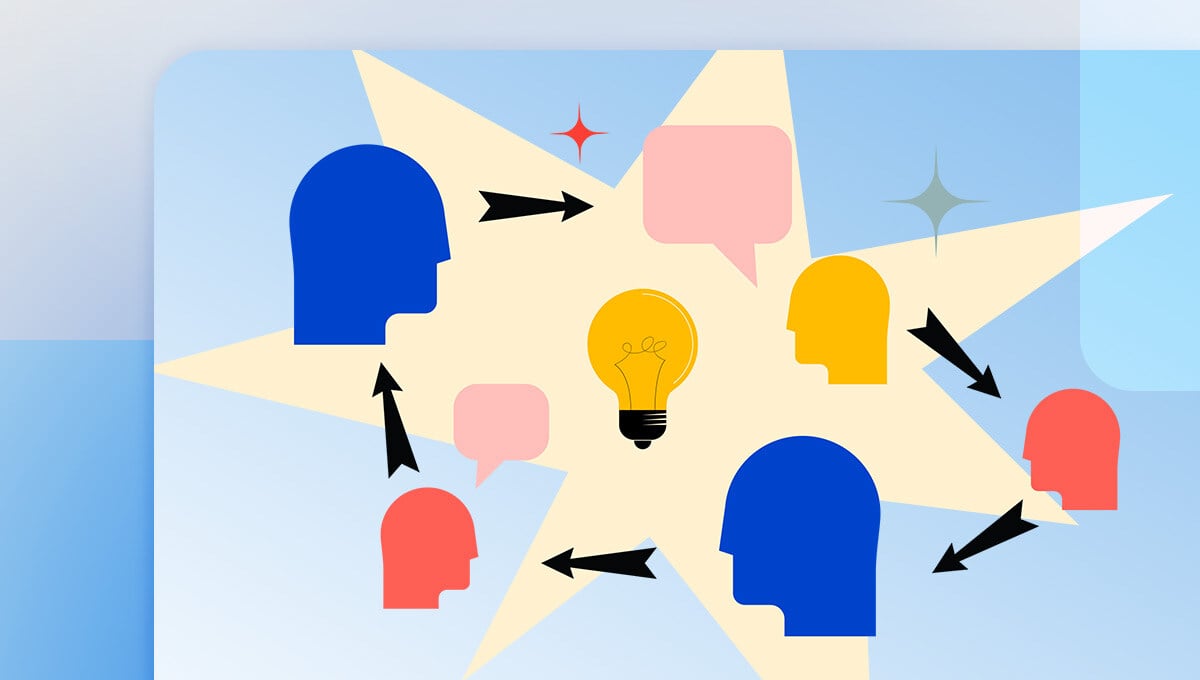 Collaborative design process visualized by heads and chat clouds with arrows